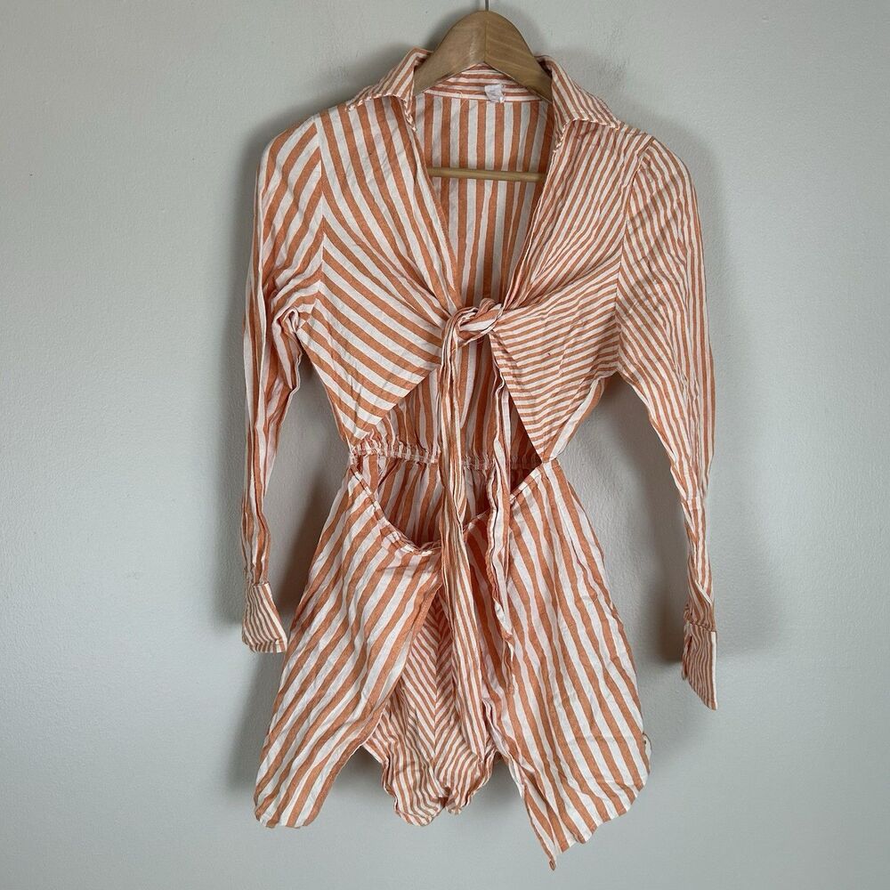 Orange Stripe Romper Jumpsuit Tie Front Wrap Preppy Coastal Beach Festival Small